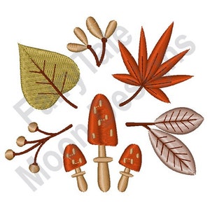 Fall Mushrooms & Leaves - Machine Embroidery Design, Autumn Leaf Embroidery Pattern, Toadstools Embroidery Design