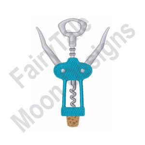 May include: A blue and silver corkscrew with a handle and a corkscrew. The corkscrew is in the shape of a traditional wine opener.