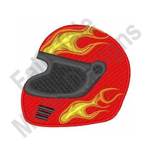 Puede incluir: Casco de moto rojo con llamas amarillas y naranjas. El casco tiene una visera negra.