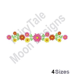 May include: A row of pink, orange, and yellow flowers with green leaves. The flowers are arranged in a horizontal line and are all facing the same direction. The flowers are all in bloom and have a delicate, feminine look.