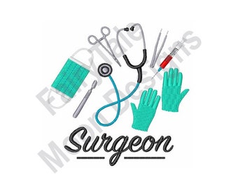 Surgeon - Machine Embroidery Design, Medical Surgical Tools Embroidery Pattern, Surgery Physician, Mask, Stethoscope, Syringe, Scalpel