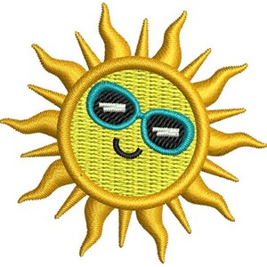 May include: Embroidered patch featuring a smiling sun wearing blue sunglasses. The sun has yellow rays and a yellow center. The sunglasses have white highlights and the sun has a black curved mouth.