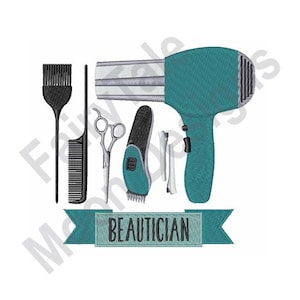 Outils esthéticienne - motif de broderie Machine, motif de broderie d&#39;outils de coiffeur, conception de sèche-cheveux, peigne, ciseaux, conception de tondeuse à cheveux