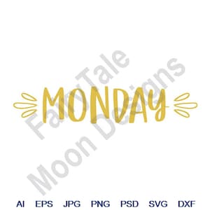 May include: A gold-colored graphic design with the word "MONDAY" in a stylized font. The word is surrounded by two sets of three small circles.