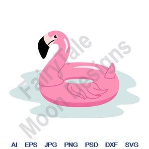 Könnte beinhalten: Ein rosa aufblasbarer Flamingo-Schwimmring mit schwarzem Schnabel und Augen. Der Schwimmring befindet sich in einem hellblauen Wasserbecken.