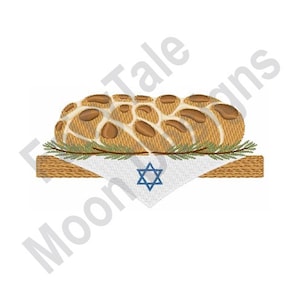May include: A braided challah bread loaf on a wooden board with a white napkin featuring a blue Star of David.