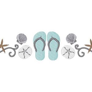 May include: Embroidered design featuring two light blue flip-flops, seashells, sand dollars, and starfish. The design includes decorative swirls and is set against a white background.