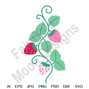 May include: A digital illustration of a strawberry plant with three red and pink strawberries on a white background.