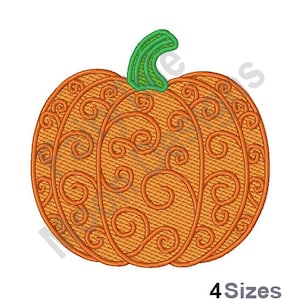 May include: Orange pumpkin with a green stem and a swirling pattern. The pumpkin is a digital embroidery design.