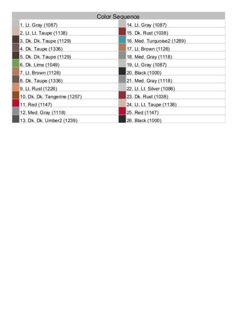 Puede incluir: Un gr&aacute;fico que muestra 26 colores diferentes con sus nombres y valores RGB correspondientes. Los colores est&aacute;n dispuestos en una columna vertical, con el color m&aacute;s claro en la parte superior y el color m&aacute;s oscuro en la parte inferior.