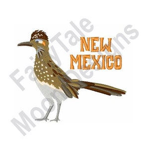 May include: A brown and white roadrunner bird with a long tail and a crest on its head. The bird is facing left and the text "NEW MEXICO" is in orange below the bird.