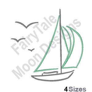 Sail Boat - Machine Embroidery Design, Nautical Sailboat Embroidery Pattern, Sailboat Outline Embroidery Design, Seagulls Embroidery Design