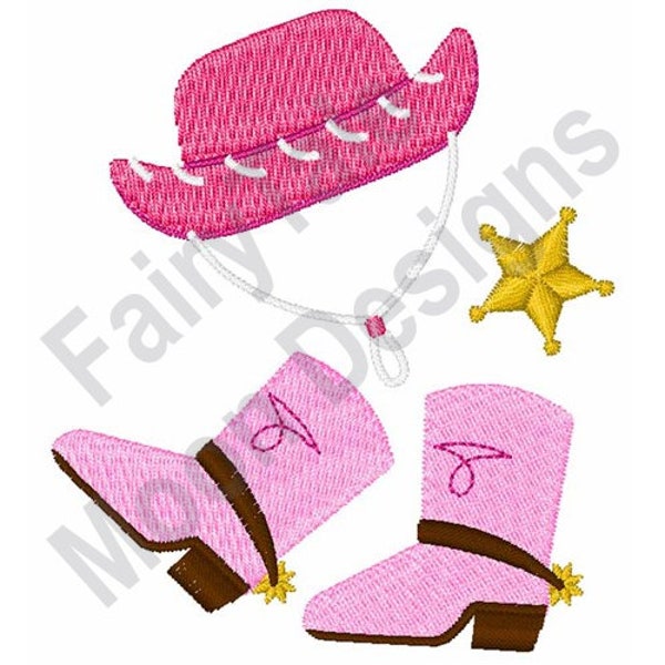 Cowgirl Fashion - Machine Embroidery Design, Pink Cowgirl Boots Embroidery Pattern, Cowgirl Hat Embroidery, Sheriff Star Design