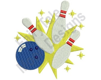 May include: A blue bowling ball with white stripes and three holes, surrounded by four yellow and white bowling pins with red stripes, all set against a yellow starburst background.