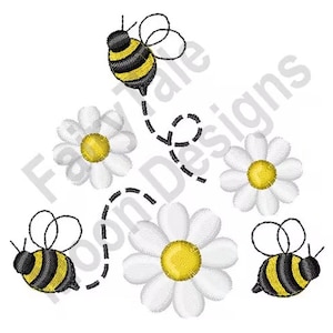 Bumble Bee &  Daisy Flowers - Machine Embroidery Design, Bees and Daisies Embroidery Pattern, Bumblebee Embroidery Design, Spring Daisy