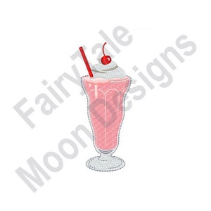 May include: A pink milkshake with whipped cream and a cherry on top, served in a tall glass with a red straw.