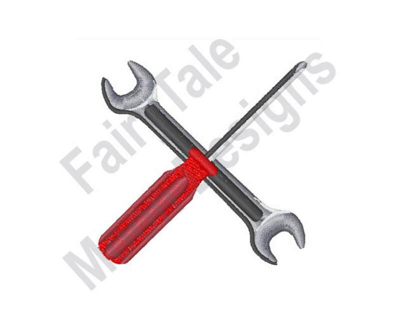 May include: A red and silver screwdriver and wrench crossed over each other.