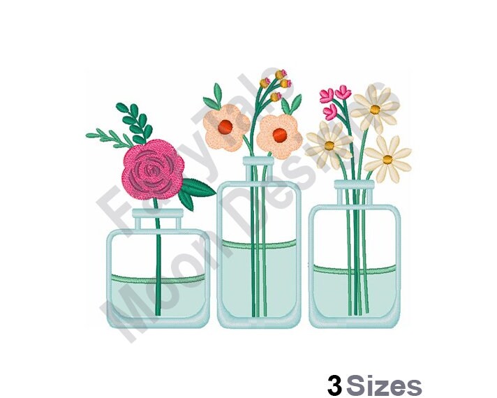 Flower Glass Vases - Machine Embroidery Design, Wedding Flower Glass Vase Embroidery Pattern, Mason Jar Flower Vase Design, Roses Daisies