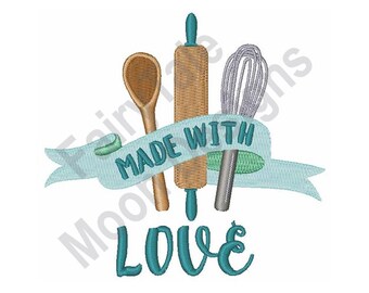 Made With Love - Maschinenstickdatei, Backutensilien Stickmuster, Whisk, Rolling Pin, Holzlöffel Design, BäckerStickerei