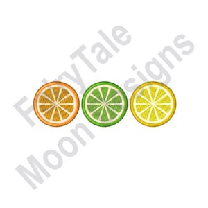 May include: Three embroidered citrus fruit slices: an orange, a lime, and a lemon. Each slice is a different color and has a white center with a starburst pattern.