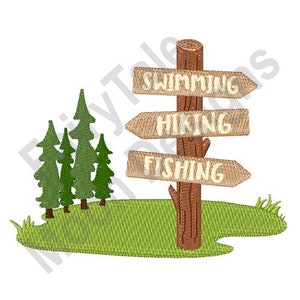 Señales de actividades de campamento: diseño de bordado a máquina, señal de sendero forestal, patrón de bordado de señal de flecha de sendero, señales direccionales para senderos de senderismo