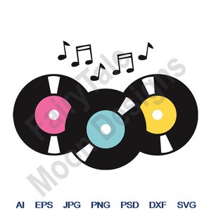May include: Three black vinyl records with white labels, stacked on top of each other. The top record has a pink label, the middle record has a blue label, and the bottom record has a yellow label. There are musical notes above the records.