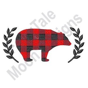 Buffalo Plaid Bear - Machine Embroidery Design, Black Bear Plaid Embroidery Design, Laurel Wreath Embroidery Pattern