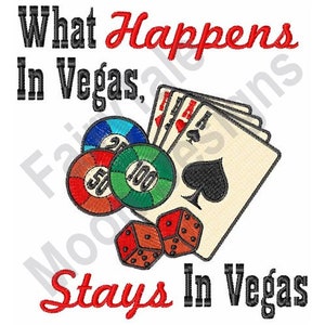 O que acontece em Vegas fica em Vegas - Design de bordado à máquina, Padrão de bordado de cartas de baralho, Fichas e dados de pôquer, Bordado de jogos de azar