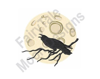 Halloween Crow - Machine Embroidery Design, Full Moon Embroidery Pattern, Crow On Tree Embroidery Design