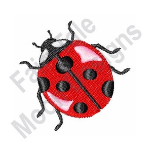 May include: A red ladybug with black spots and white accents. The ladybug has six legs and two antennae.