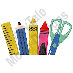 School Pocket Topper - Machine Embroidery Design, Back To School Supplies Pattern, School Supply, Pencil, Crayon, Scissors, Marker, Ruler