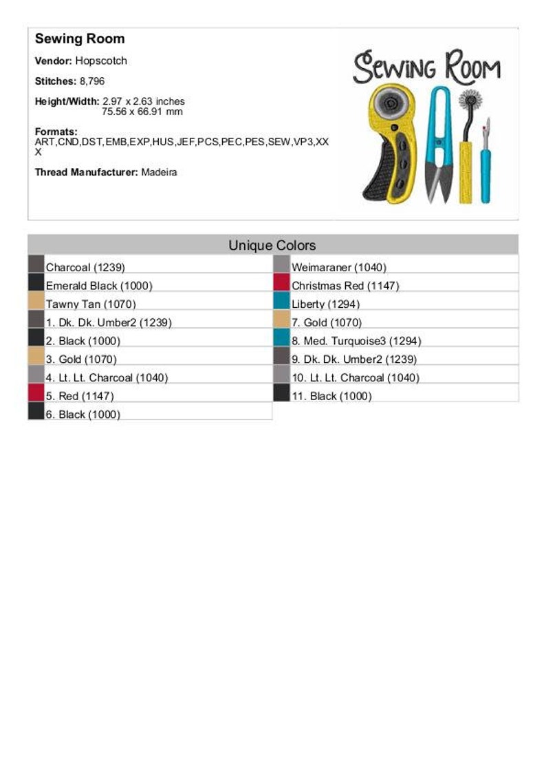 May include: Sewing Room embroidery design featuring a rotary cutter, scissors, and a needle. The design includes a variety of colors, including charcoal, emerald black, tawny tan, red, and gold. The design is 2.97 inches by 2.63 inches and has 8,796 stitches.