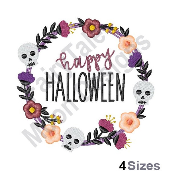 Happy Halloween - Machine Embroidery Design, Folk Art Flowers Wreath Embroidery Pattern, Halloween Skulls Wreath Embroidery Design