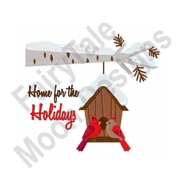 Home For Holidays - Machine Embroidery Design, Winter Birdhouse, Hanging Birdhouse Embroidery Pattern, Christmas Cardinals, Birch Tree