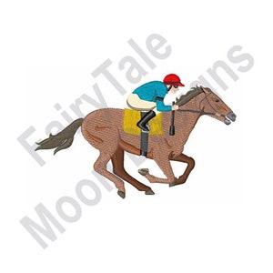 May include: A brown horse with a jockey wearing a red helmet and a blue and white jersey is running. The horse is in mid-stride with its legs extended.