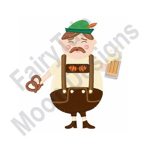 May include: A cartoon illustration of a man wearing a traditional German outfit, including a green hat with a feather, a white shirt with suspenders, brown lederhosen, and black shoes. He is holding a stein of beer in one hand and a pretzel in the other.