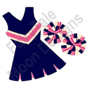 Cheerleader Uniform - Maschinenstickerei, Mädchen Cheerleader Uniform Stickmuster, Schul Spirit Design, Team Spirit Pom Poms