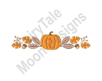May include: Embroidered design featuring a pumpkin with leaves and acorns. The pumpkin is orange and the leaves are brown and orange. The acorns are brown.
