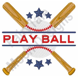 May include: A baseball with red stitching and two crossed wooden bats with a blue banner that says "PLAY BALL" and five blue stars.