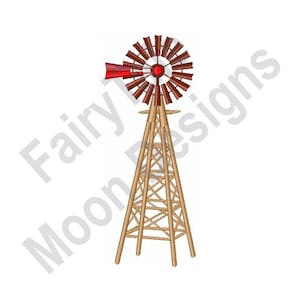 May include: A red and brown windmill with a wooden tower. The windmill has a red cap and blades.