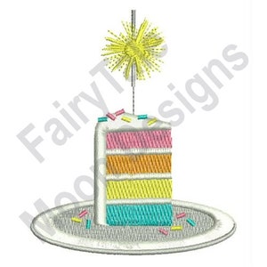 May include: A single slice of rainbow cake with a lit candle on top, sitting on a white plate with sprinkles.