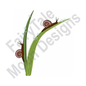May include: An embroidered design featuring two brown snails on green blades of grass with water droplets. The image has the text "Fairy Tale Mod Designs" in the background.