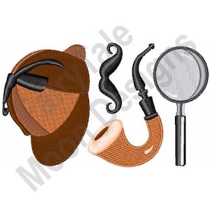 Sherlock Disguise - Machine Embroidery Design, Detective&#39;s Equiment Embroidery, Magnifying Glass, Moustache, Calabash Pipe, Deerstalker Hat