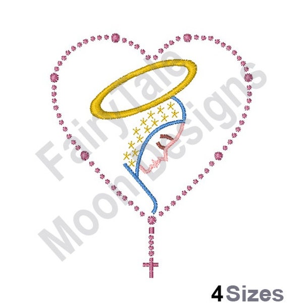 Angel Rosary Heart - Machine Embroidery Design, Christian Rosary Beads Heart Outline Embroidery Pattern, Holy Angel Embroidery Design