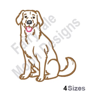May include: A brown line drawing of a white dog sitting with its tongue sticking out. The dog is looking to the right.