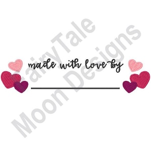 May include: A black and white graphic with the text "made with love by" and a line underneath. There are three pink and red hearts on the left side of the text and three pink and red hearts on the right side of the text.
