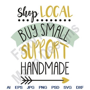May include: Black and gold text graphic with the words "Shop Local Buy Small Support Handmade" with a green ribbon and a black arrow with a gold heart.