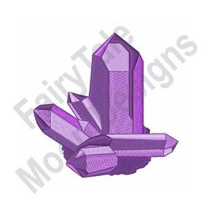 May include: A cluster of purple crystals with a pointed, faceted shape. The crystals are arranged in a random, organic pattern.