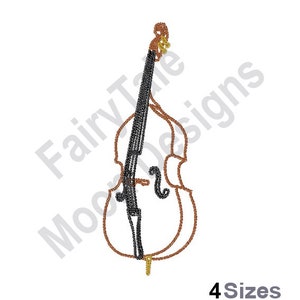 May include: A brown and black upright bass with a gold tuning peg. The bass is outlined in brown and the strings are black.