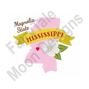 Carte de l'État du Mississippi - motif de broderie Machine, motif de broderie fleur Magnolia State, motif de broderie Magnolia State